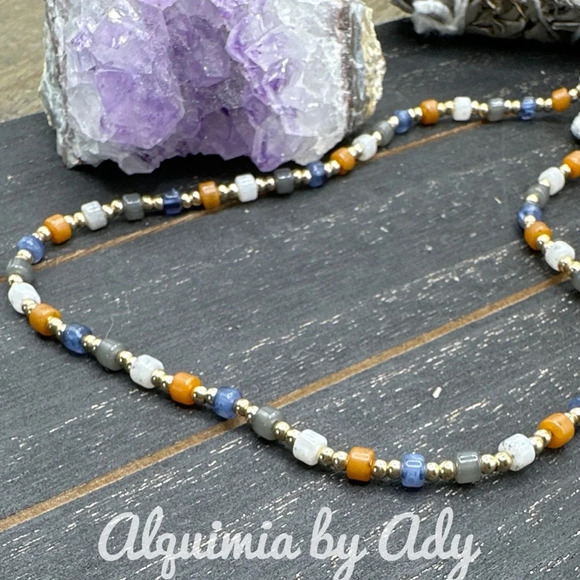 Rainbow multi stone beaded handmade gold adjustable short jeweled necklace - Picture 2 of 2